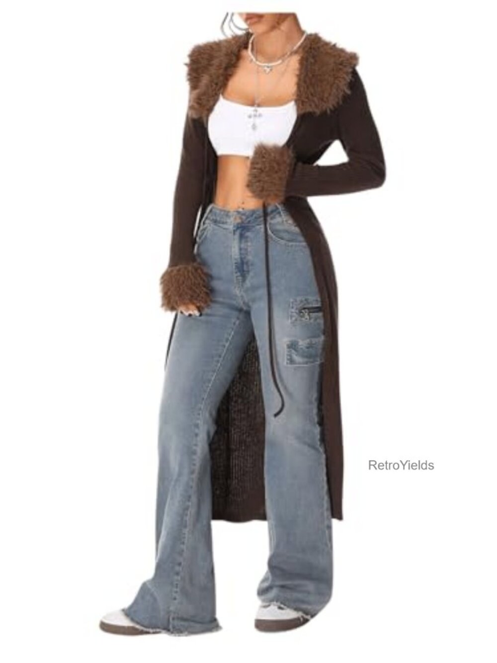 MakeMeChic Fur Long Sleeve Tie Front Midi Cardigan Sweater